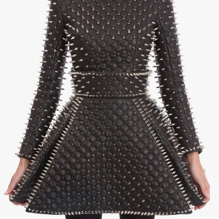 WOMEN Silver Studded Leather Jacket and Skirt, Leather Skirt, Women Steam Punk Studded Dress, Women Silver Spiked Skirt, Studded Skirt