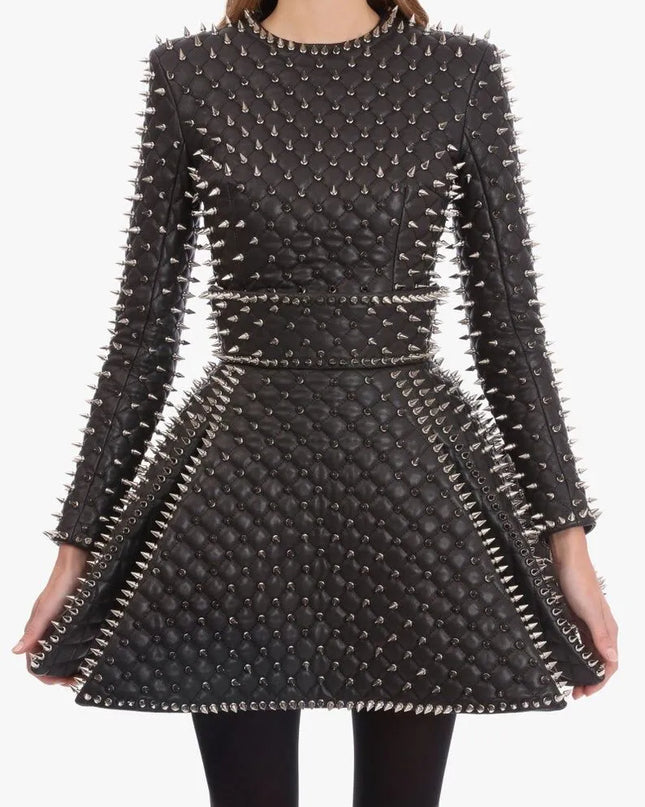 WOMEN Silver Studded Leather Jacket and Skirt, Leather Skirt, Women Steam Punk Studded Dress, Women Silver Spiked Skirt, Studded Skirt