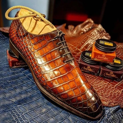 Handmade Crocodile Print Shoes, Brown Formal Men Shoes, Lace Up Office Shoes