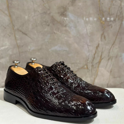 Handmade Mens Brown Crocodile Pattern Lace Up Dress Shoes, Men Brown Leather Shoes