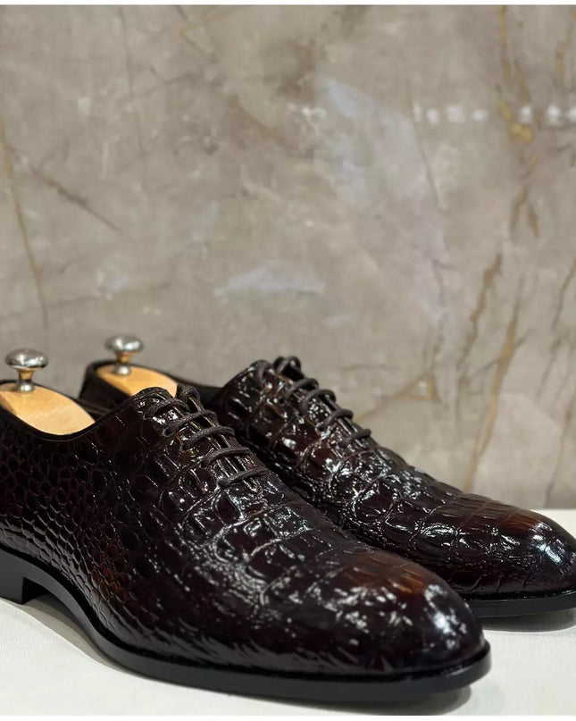 Handmade Mens Brown Crocodile Pattern Lace Up Dress Shoes, Men Brown Leather Shoes