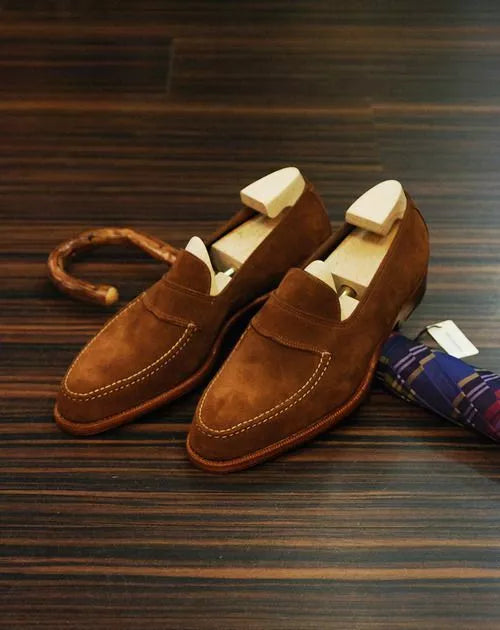 Handmade men tan suede moccasin, slip ons loafer shoes, men dress shoes