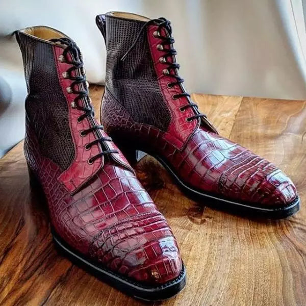 Handmade Men Burgundy Crocodile Textured Leather High Ankle Lace Up Boots