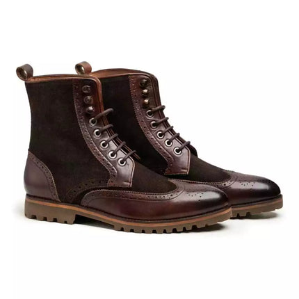 Handmade brown wing tip brogue leather & suede ankle lace up dress boots, Formal boot for men