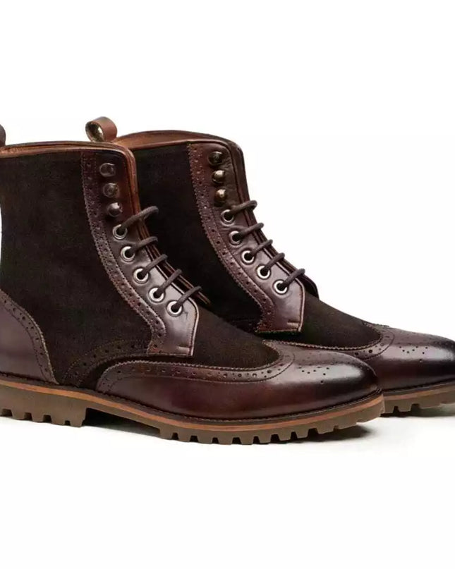 Handmade brown wing tip brogue leather & suede ankle lace up dress boots, Formal boot for men
