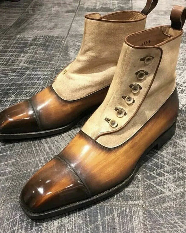 New Handmade Pure Tan Shaded & Beige Leather & Suede Button Boots for Men’s