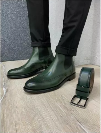 Handmade Men Green Leather Wing Tip Brogue Chelsea Boots, Ankle Leather Boots, Men Boots
