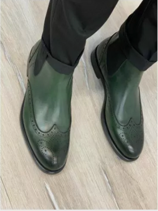 Handmade Men Green Leather Wing Tip Brogue Chelsea Boots, Ankle Leather Boots, Men Boots