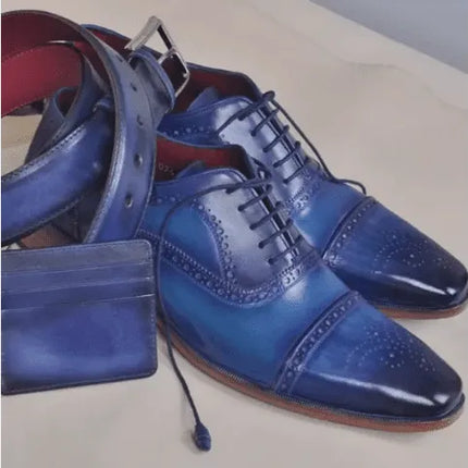 Handmade Men’s Blue Brogue Lace Up Dress Shoes, Real Leather Business Shoes