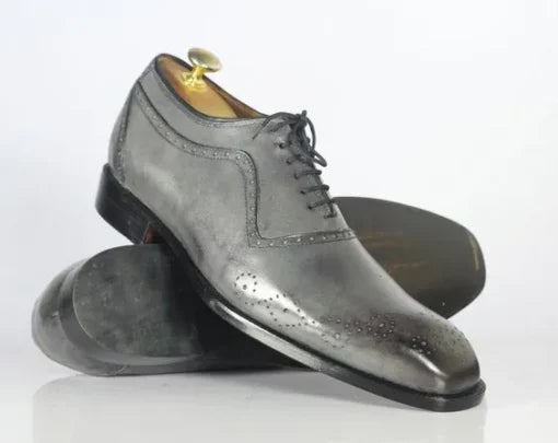 Handmade Men Gray Leather Brogue Lace Up Formal Shoes, Office Shoes, Grey Men Shoes