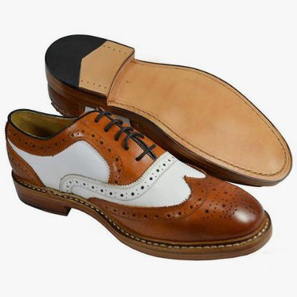 Men’s White and Tan Wing Tip Brogue Lace Up Formal Dress Handmade Shoes , Leather Shoes, Business Dress Shoes