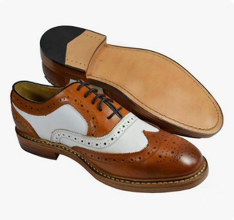 Men’s White and Tan Wing Tip Brogue Lace Up Formal Dress Handmade Shoes , Leather Shoes, Business Dress Shoes