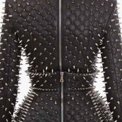 WOMEN Silver Studded Leather Jacket and Skirt, Leather Skirt, Women Steam Punk Studded Dress, Women Silver Spiked Skirt, Studded Skirt