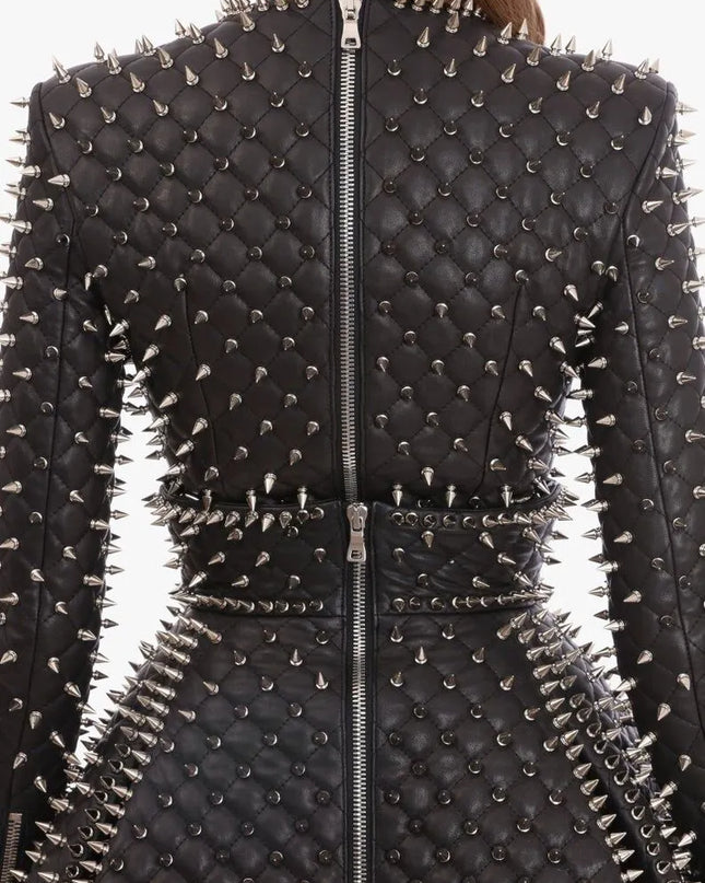 WOMEN Silver Studded Leather Jacket and Skirt, Leather Skirt, Women Steam Punk Studded Dress, Women Silver Spiked Skirt, Studded Skirt