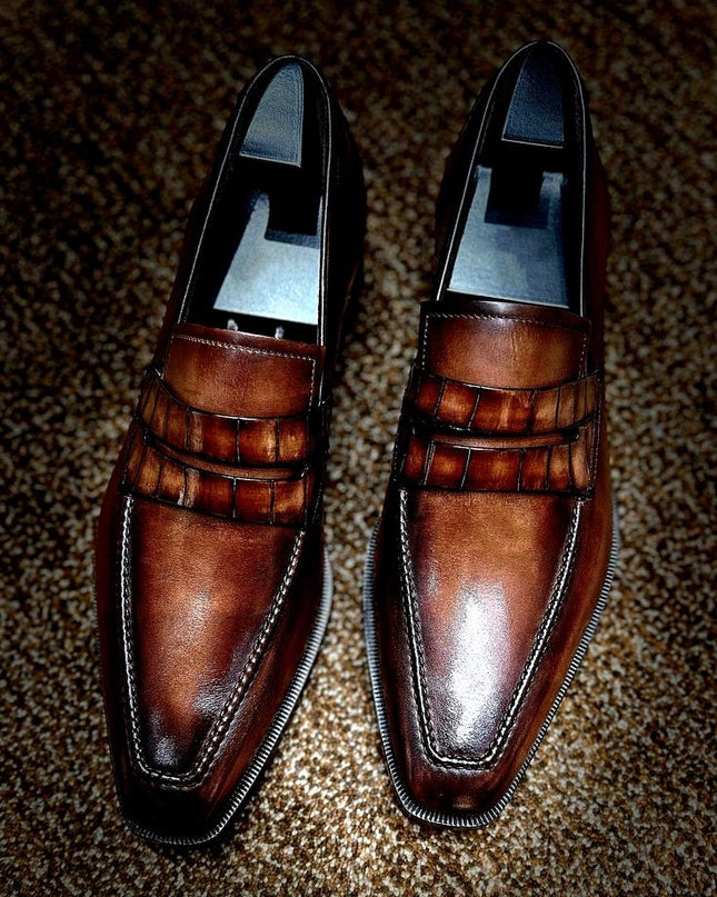Handmade Burnish Brown Moccasins, Mens Slip Ons Dress Shoes, Formal Office Shoe