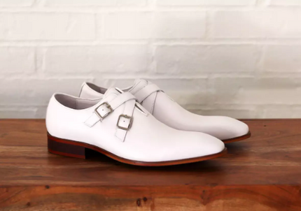 Handmade Mens White Buckle Shoes, Men Oxford Dress Shoes, Shoes for Men