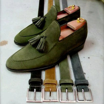Handmade men green suede dress shoes, formal office moccasin slip on shoes men