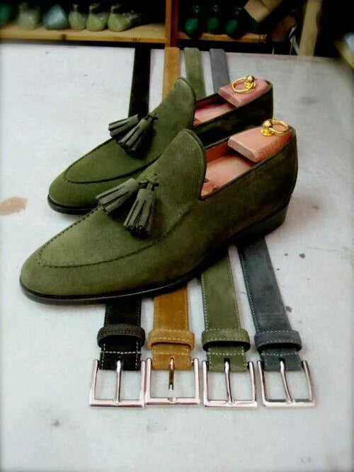 Handmade men green suede dress shoes, formal office moccasin slip on shoes men