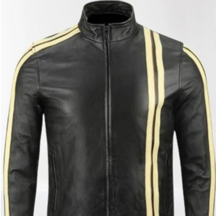 Handmade Men Black Biker Motorcycle Leather Jacket with Yellow Stripes Jacket For Men