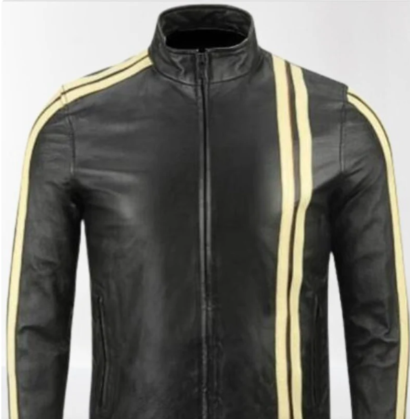 Handmade Men Black Biker Motorcycle Leather Jacket with Yellow Stripes Jacket For Men