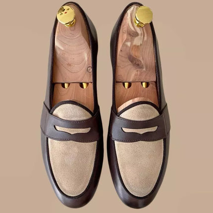 Handmade men brown and white moccasin shoes, leather formal penny loafer mens