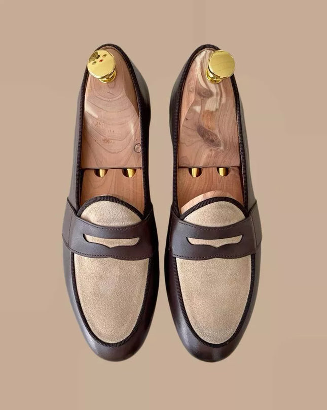 Handmade men brown and white moccasin shoes, leather formal penny loafer mens