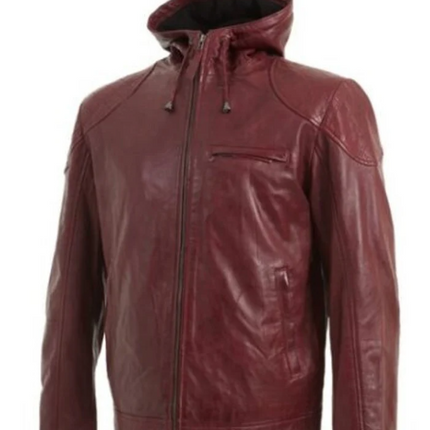 Handmade Men Maroon Hooded Jacket, Leather Moto Jacket For Men