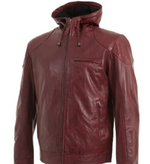 Handmade Men Maroon Hooded Jacket, Leather Moto Jacket For Men