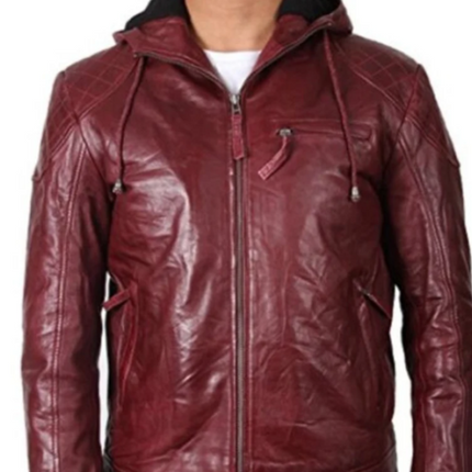 Handmade Men Maroon Hooded Jacket, Leather Moto Jacket For Men