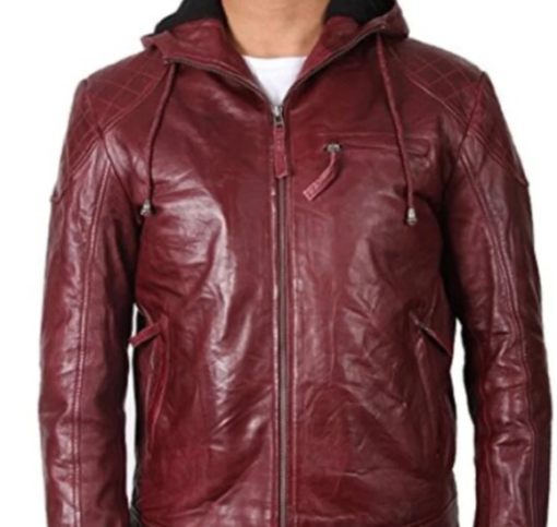 Handmade Men Maroon Hooded Jacket, Leather Moto Jacket For Men