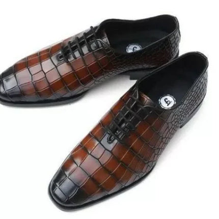 Men Handmade Shaded Brown Crocodile Texture Leather Formal Dress Shoes