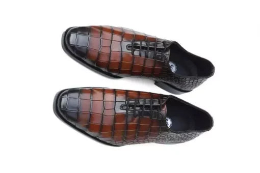 Men Handmade Shaded Brown Crocodile Texture Leather Formal Dress Shoes
