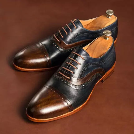 Handmade Men’s Brown Blue Brogue Wing Tip Lace Up Dress Shoes, Real Leather Office Shoes