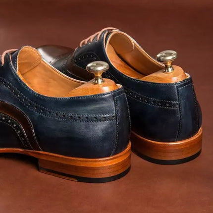 Handmade Men’s Brown Blue Brogue Wing Tip Lace Up Dress Shoes, Real Leather Office Shoes