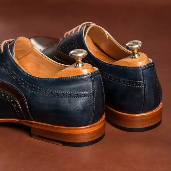 Handmade Men’s Brown Blue Brogue Wing Tip Lace Up Dress Shoes, Real Leather Office Shoes