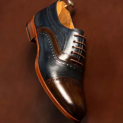 Handmade Men’s Brown Blue Brogue Wing Tip Lace Up Dress Shoes, Real Leather Office Shoes