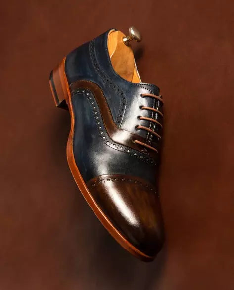 Handmade Men’s Brown Blue Brogue Wing Tip Lace Up Dress Shoes, Real Leather Office Shoes