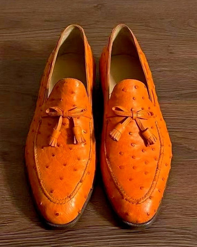 New Handmade Tan Loafer Shoe, Men Ostrich Textured Leather Shoes, Formal Tassels