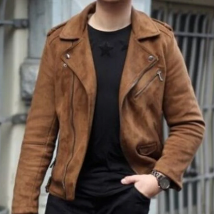 Handmade Men Tan Brown Suede Biker Jacket, Men Moto Fashion Jacket For Men