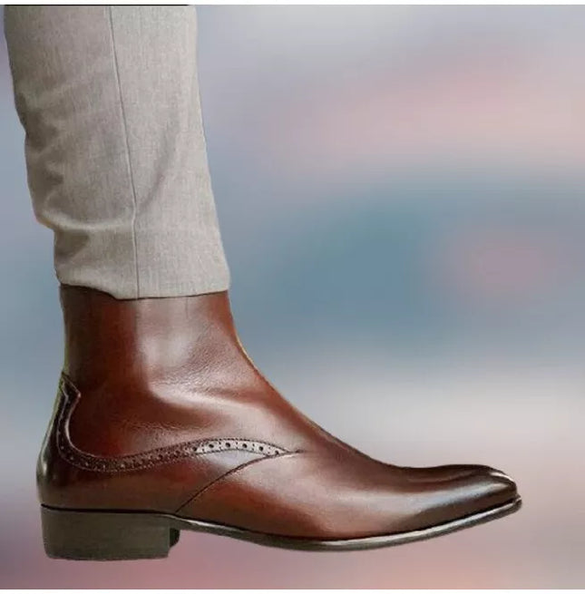Men Handmade Brown Leather Ankle Boots, Business/ Office Boots, Brogue Boot