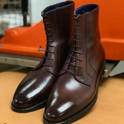 Men Brown Leather Ankle Handmade Boots with Lace up Closure, Men Leather Boots