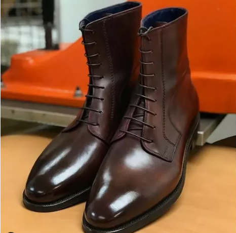 Men Brown Leather Ankle Handmade Boots with Lace up Closure, Men Leather Boots
