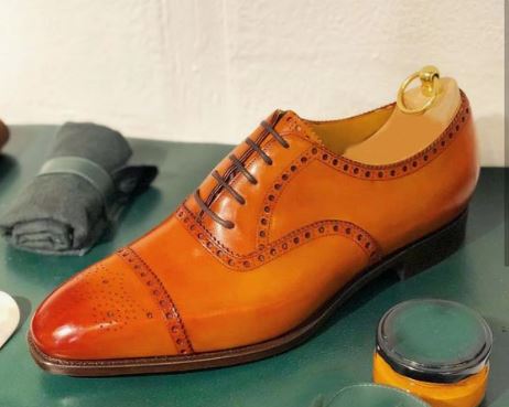 Handmade Men’s Tan Brogue Lace Up Formal Dress Shoes, Real Leather Office Shoes.