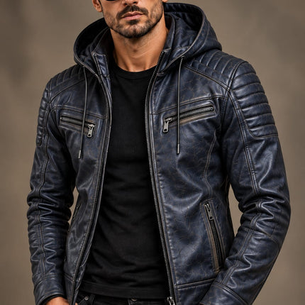 Men Blue Leather Hooded Jacket, Mens Biker Jacket, Casual Leather Jackets
