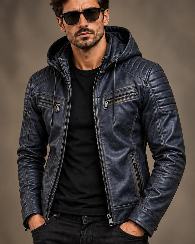 Men Blue Leather Hooded Jacket, Mens Biker Jacket, Casual Leather Jackets