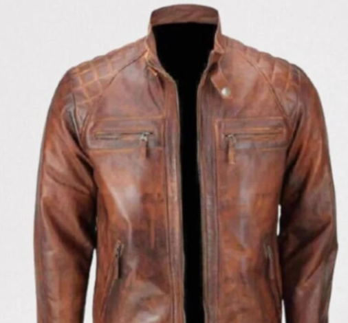 Men’s Handmade Brown Leather Biker Fashion Jacket with Shades Jacket