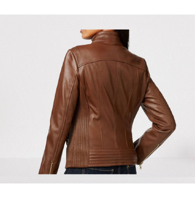 Women Brown Leather Biker Fashion Jacket, Street Style Fashion Jacket