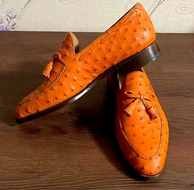 New Handmade Tan Loafer Shoe, Men Ostrich Textured Leather Shoes, Formal Tassels
