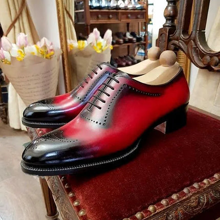 Handmade men red patina dress shoes, leather formal office shoes for mens