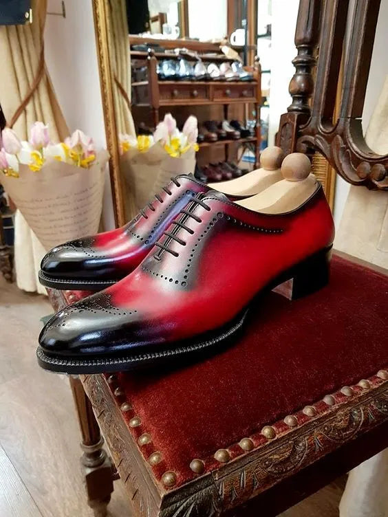 Handmade men red patina dress shoes, leather formal office shoes for mens
